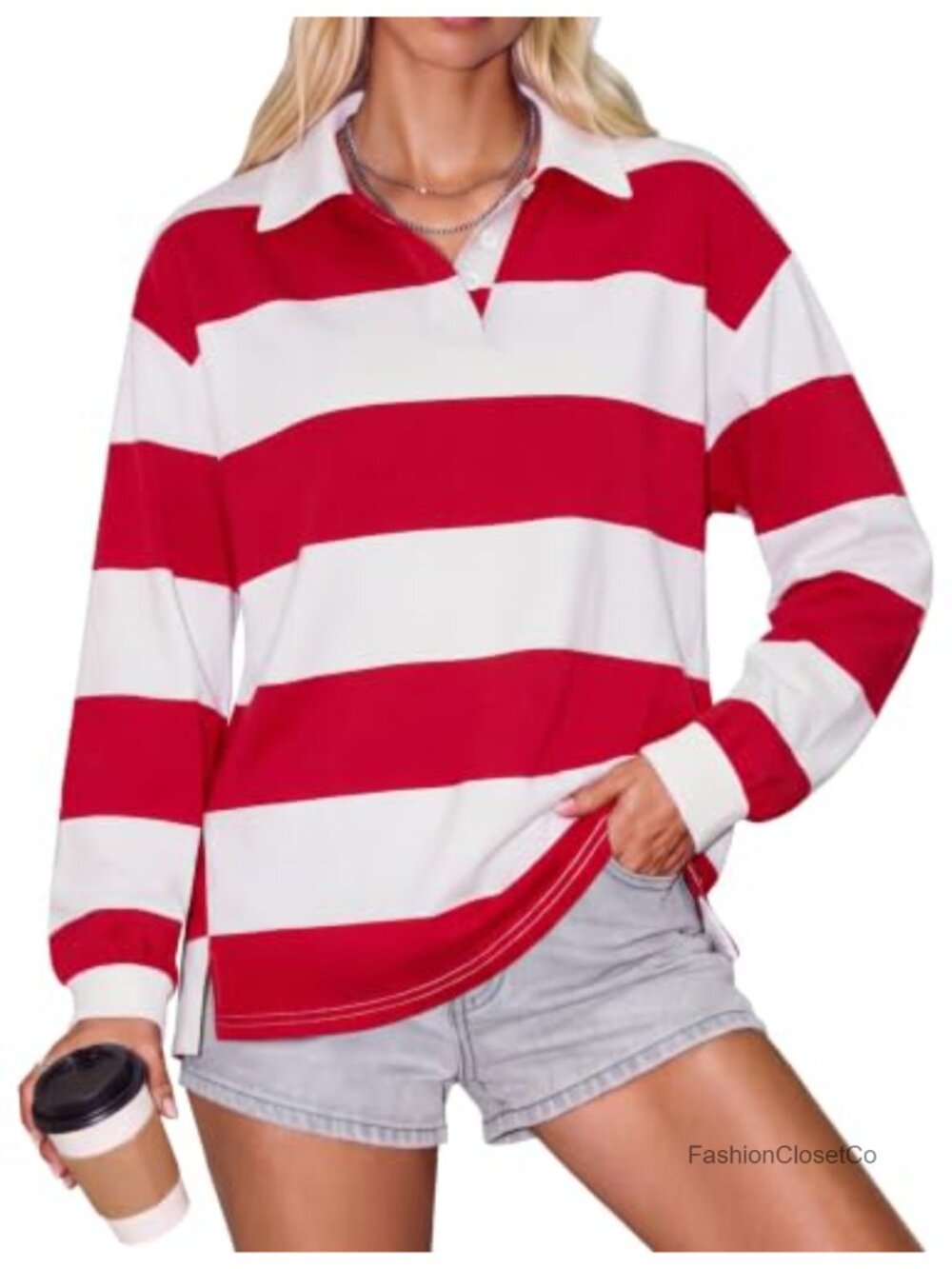 Women's Long Sleeve Striped Polo Shirt, Cotton Blend, Oversized V Neck